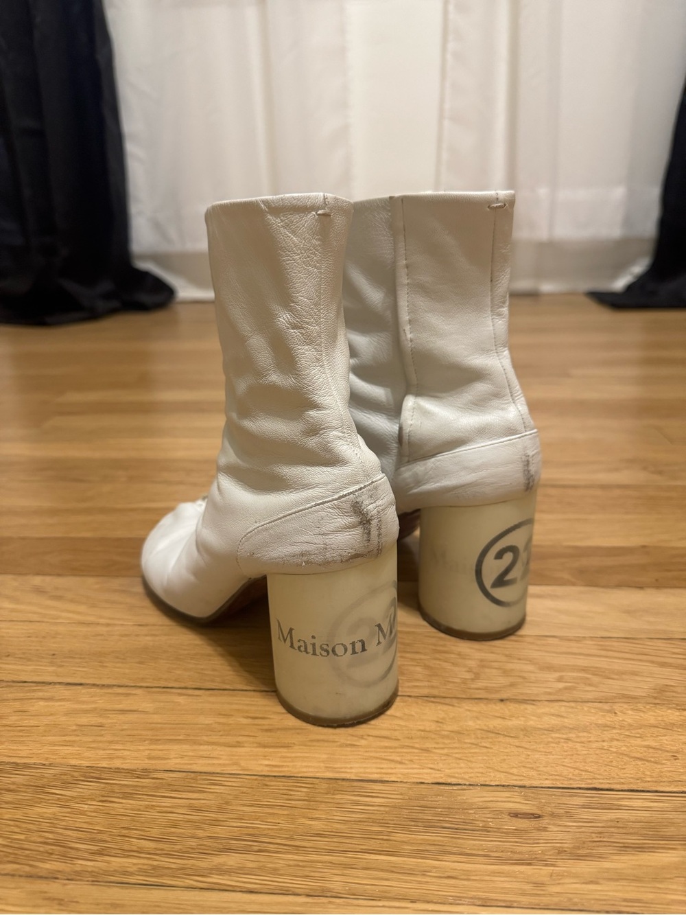Maison Martin Margiela Cream Leather Logo Block Heel Ankle Boots